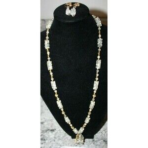 Vintage Necklace Acrylic & Rhinestones & Gold Colored Beads/ Matching Earrings
